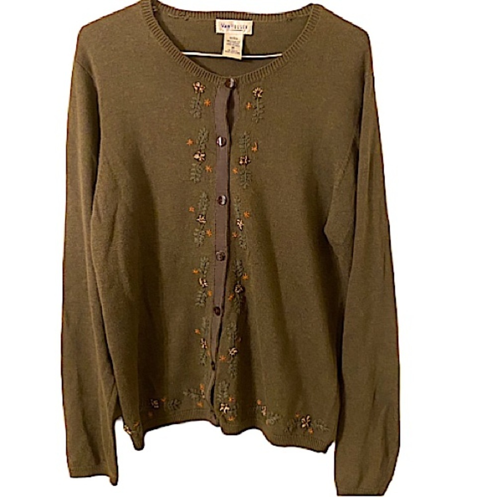 Van Heusen Granny Style Dark Olive Flower Embroidery Button Sweater.